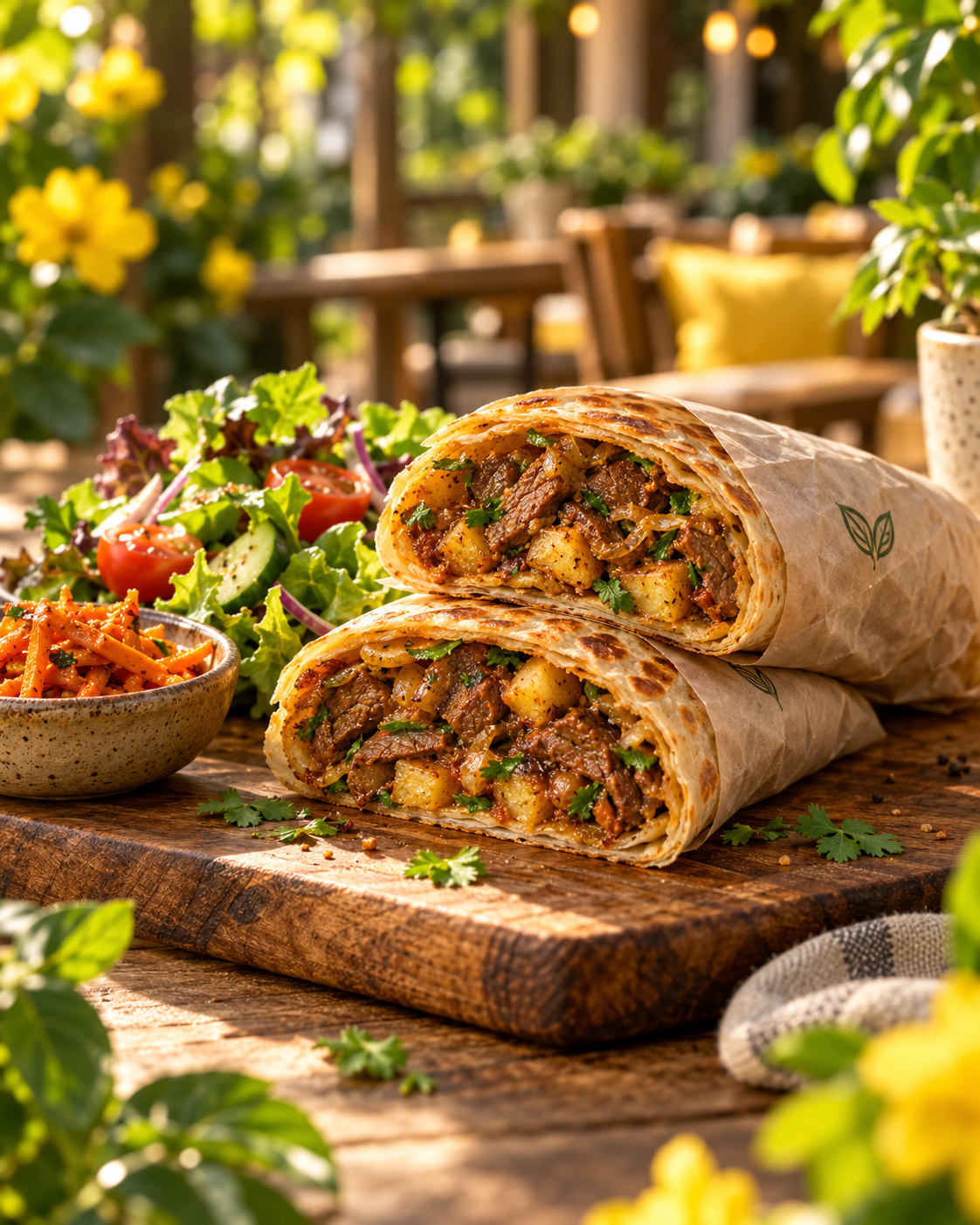 Masala steak paratha wrap served with salad and carrot pickle