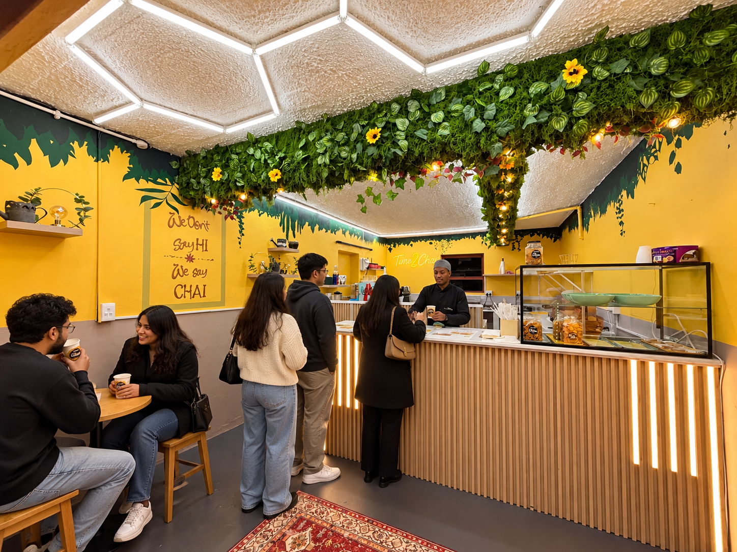 Guests enjoying chai inside Time2Chai's bright botanical café in Claremont
