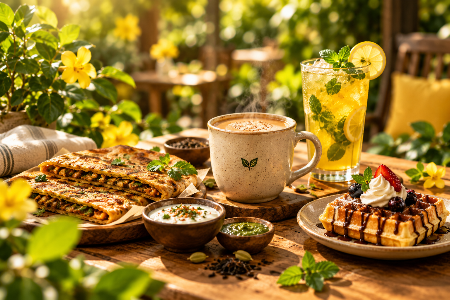 Chai, paratha wraps and sweet treats laid out on a table in the Time2Chai garden in Claremont