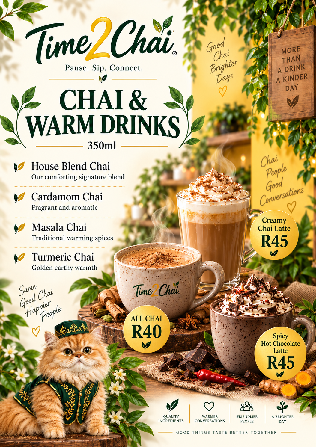 Menu poster of Time2Chai house, cardamom, masala and turmeric chai plus warm lattes