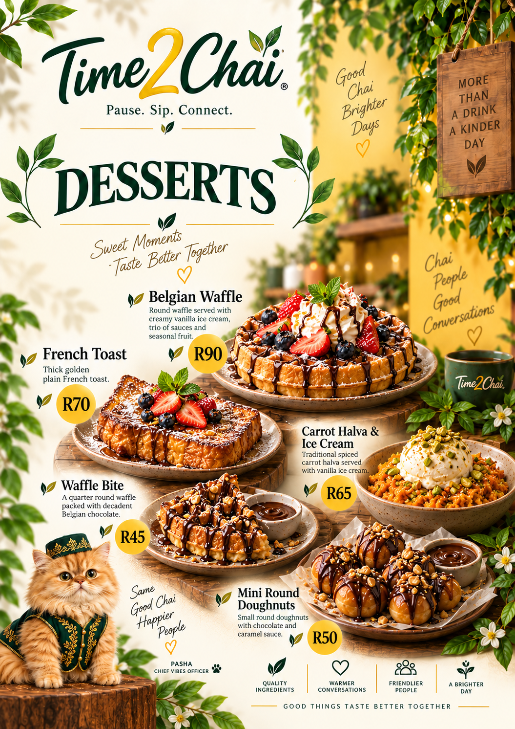 Menu poster of Time2Chai Belgian waffles, French toast, carrot halva and mini doughnuts