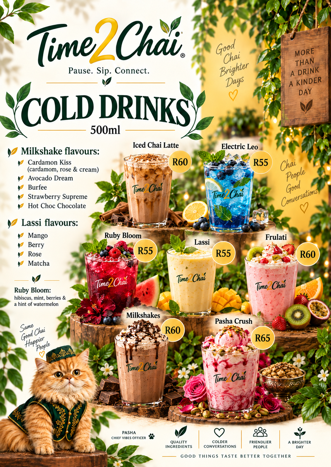 Menu poster of Time2Chai iced chai lattes, lassi, milkshakes and signature lemonades
