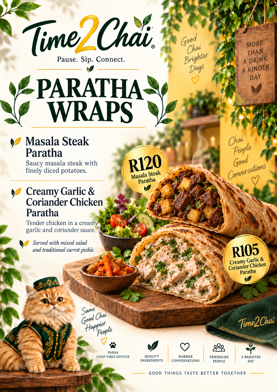 Menu poster of Time2Chai masala steak and creamy garlic chicken paratha wraps